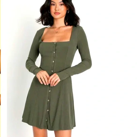 green emerald velvet dress Khaki Long Sleeve Irene Mini Dress main image 1